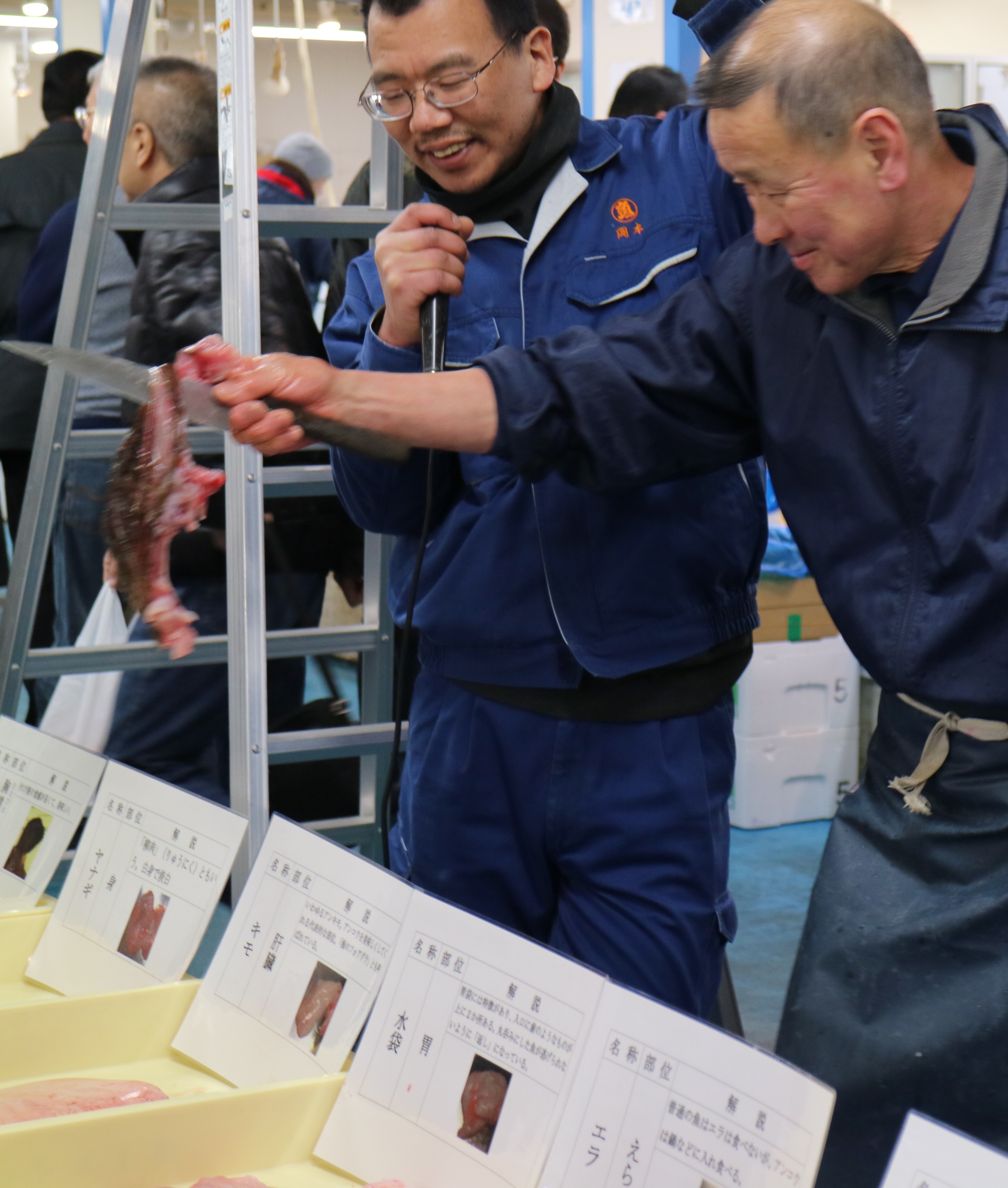 川崎市地方卸売市場南部市場いちばいちアンコウの吊るし切り