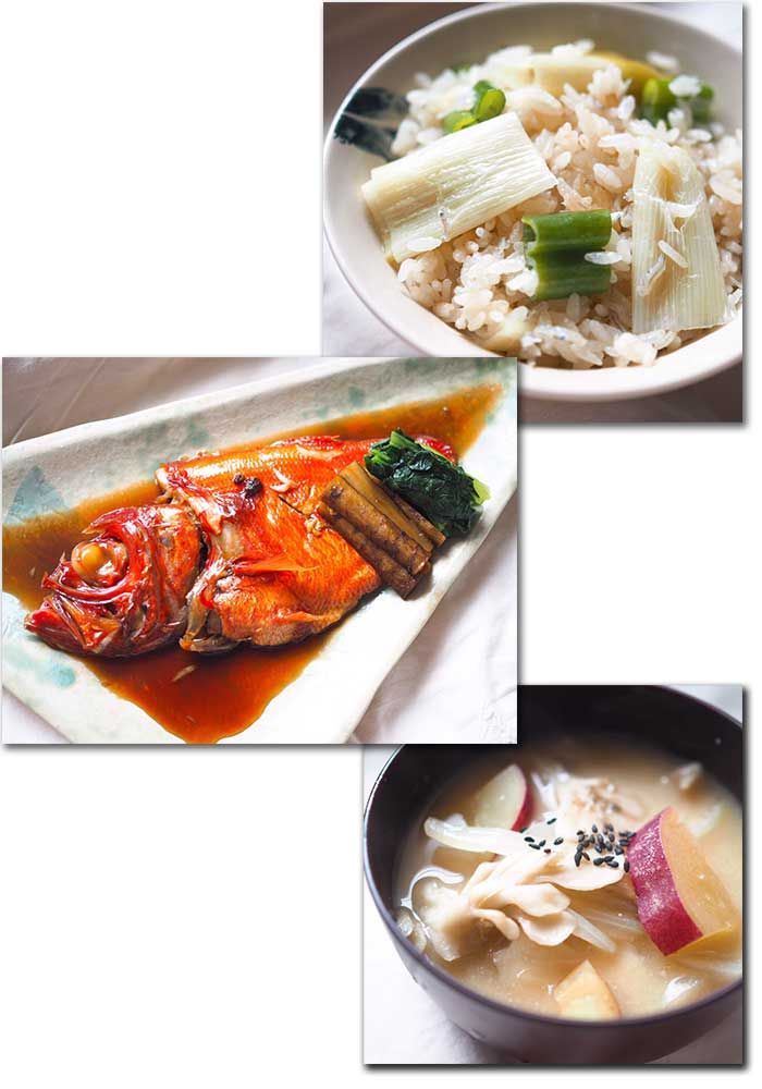 川崎幸市場キンメダイの煮付け長ねぎとジャコの炊き込みごはんさつまいもの白味噌汁料理教室